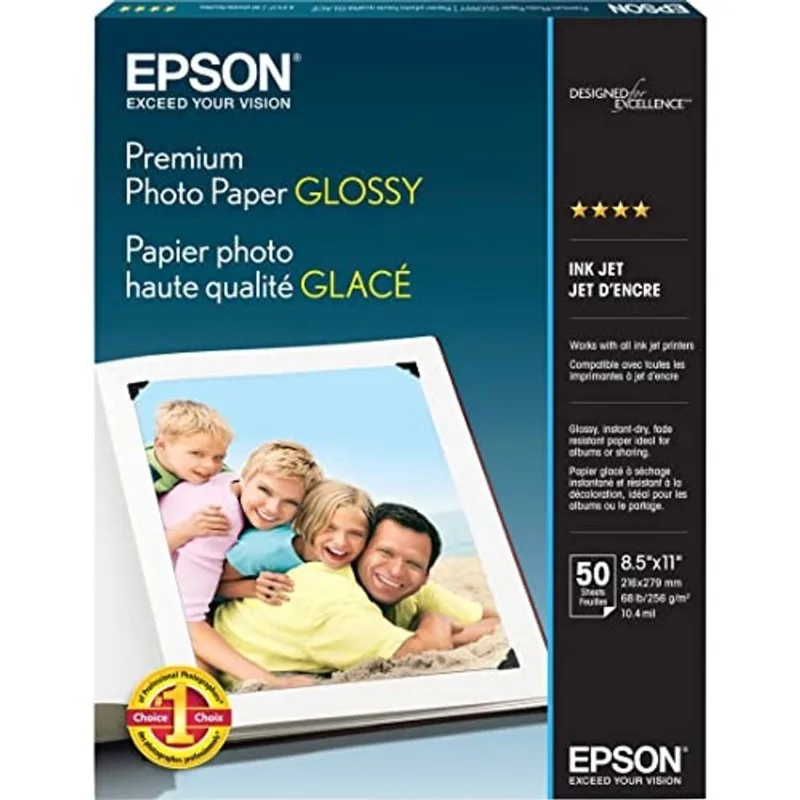 Epson Premium Papel Fotográfico glossy (8.5x11 Polegadas, 50 Folhas) (S041667), Branco