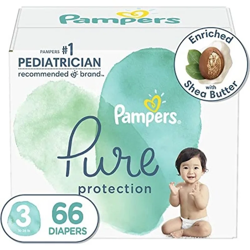 Fraldas Tamanho 3, 66 Contagem - Pampers Pure Protection Fraldas descartáveis de bebê, Proteção Hipoalergênica e SemCenida, Super Pack (Embalagens & Impressões Podem Variar)