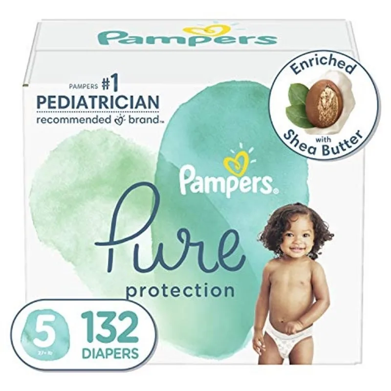 Fraldas Tamanho 5, 132 Contagem - Pampers Pure Protection Fraldas de Bebê Descartáveis Hipoalergênicas para Pele Sensível, Sem Fragrância, (a embalagem pode variar)