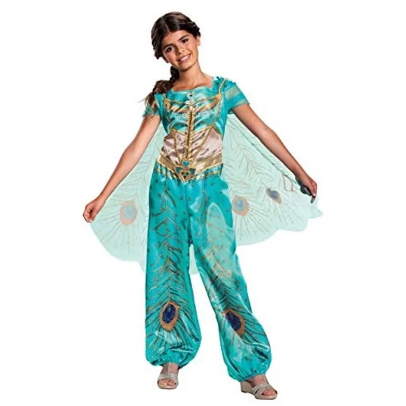 Fantasia feminina clássica disfarce de princesa Jasmine Aladdin da Disney, azul-petróleo, média (7-8)