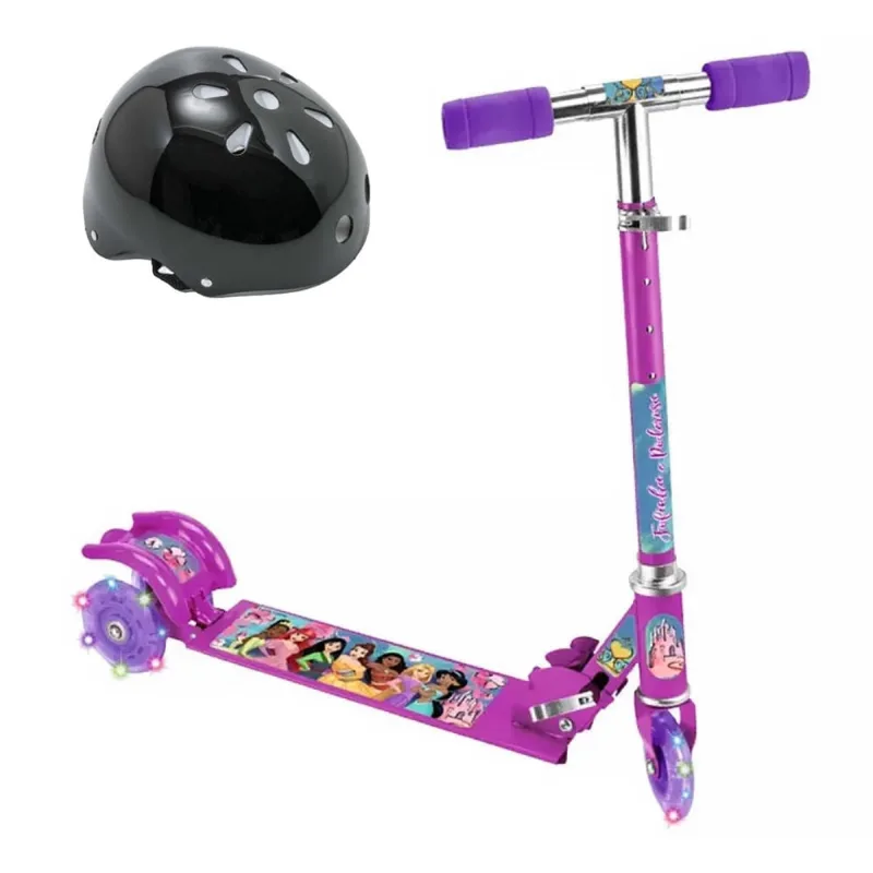 Kit Patinete Dobrável Princesa Disney 3 Roda 60Kg + Capacete