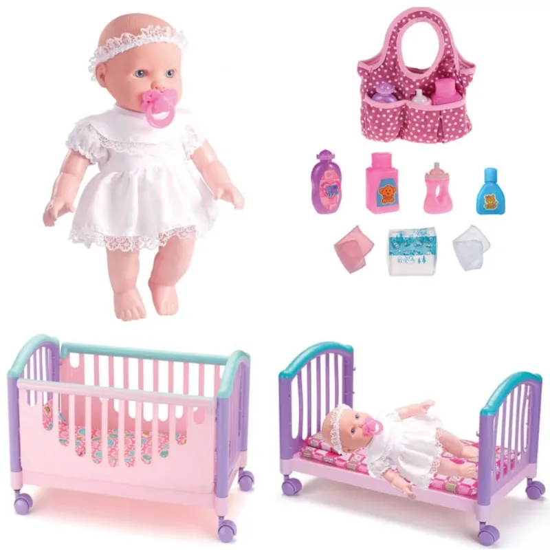 Boneca Bebe Que Reza Pai Nosso + Bercinho Dormir e Bolsinha