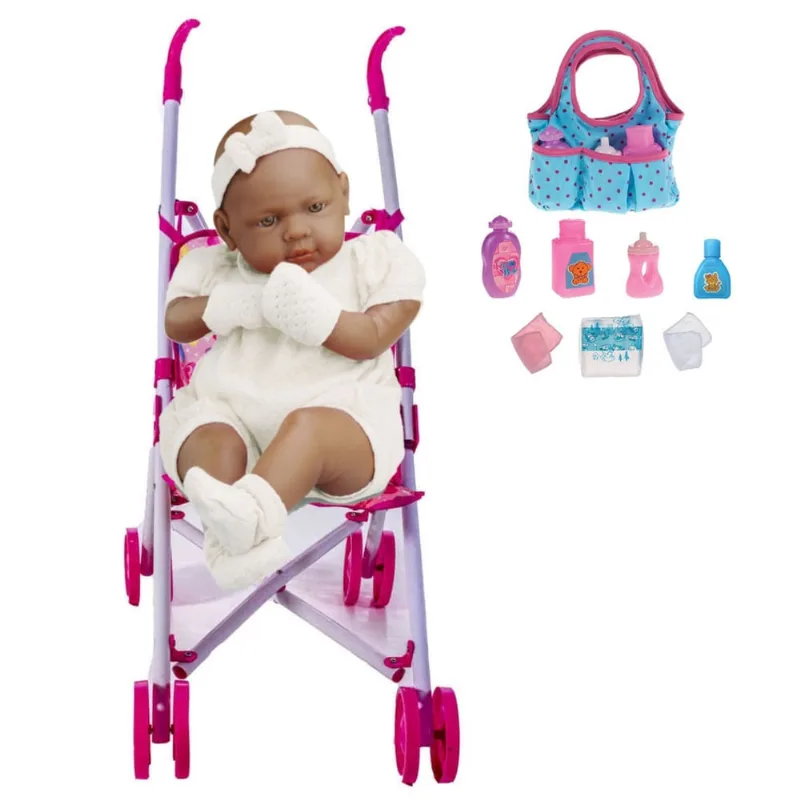 Boneca Bebê Real Negra Baby Roma 42cm Com Bolsa e Carrinho