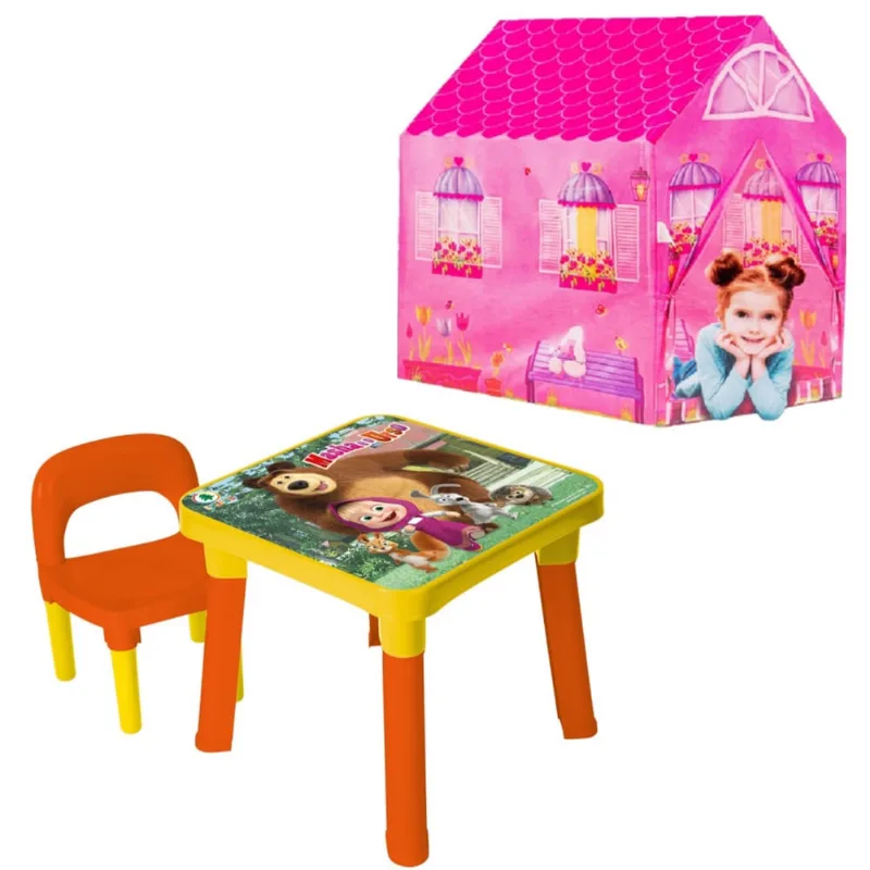 Mesinha Infantil Didática Masha e Urso + Barraca Cabana Rosa