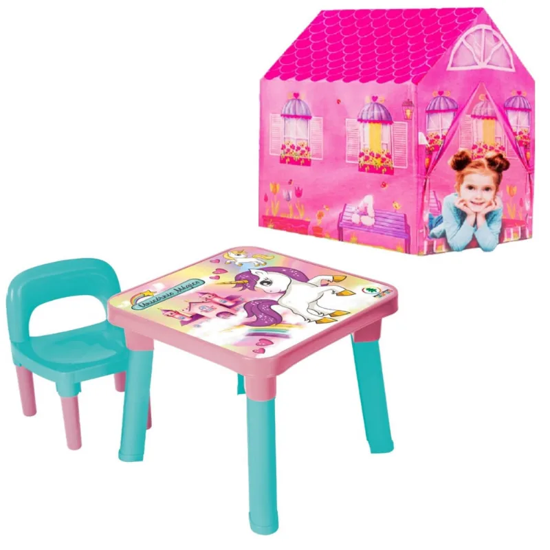 Mesinha Infantil Didática Unicórnio + Barraca Cabana Rosa