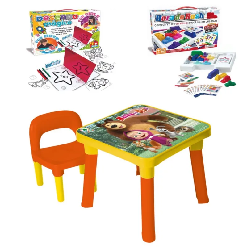 Mesinha Infantil Didática Masha e Urso + Kit Rush e Desenho