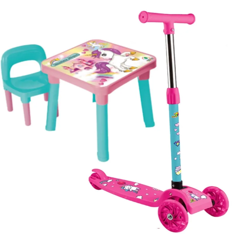 Mesa Infantil Cadeira Unicórnio + Patinete Dobrável 3 Rodas