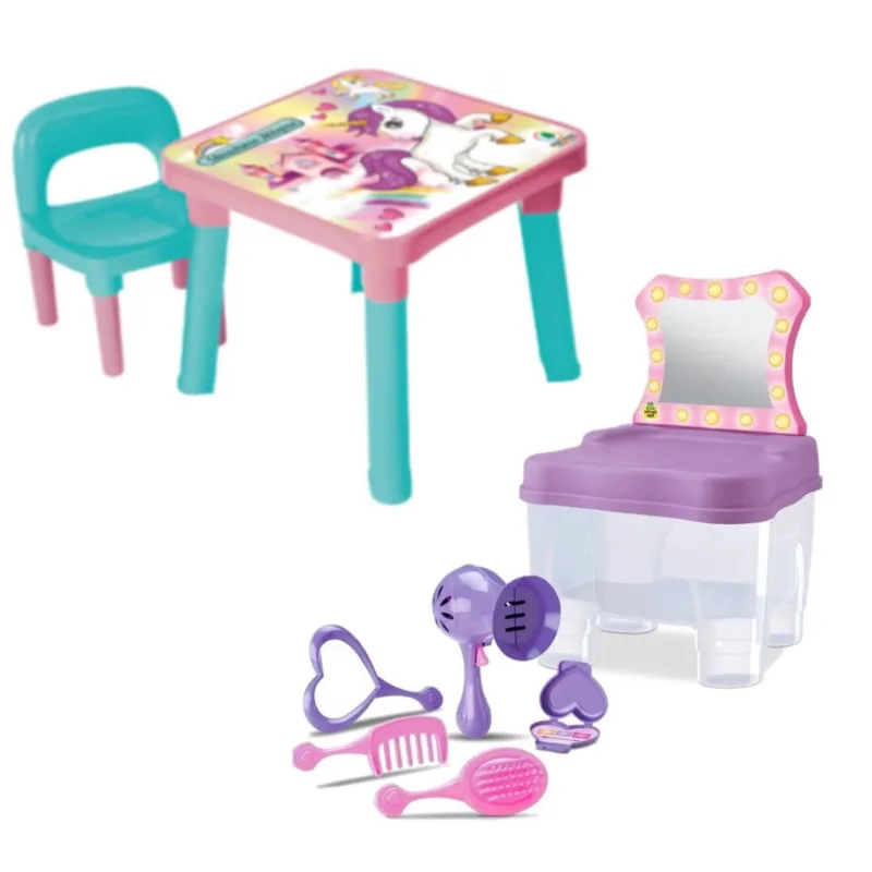 Mesinha Infantil Didática Unicórnio + Cadeira Camarim Fashion