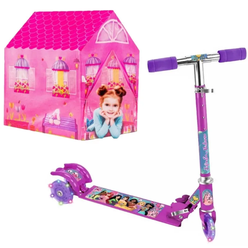Patinete Infantil De Ferro 3 Rodas C/Luz Princesas e Casinha