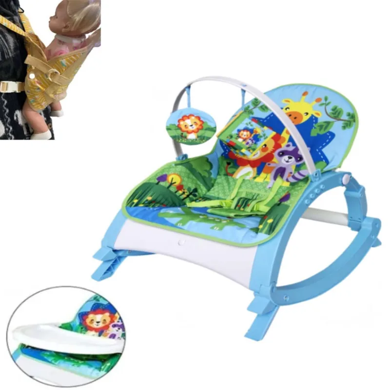 Kit Cadeira Descanso 20KG Bebê Musical Azul + Canguru Baby