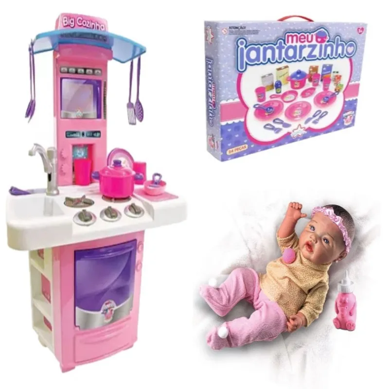 Kit Bebê Reborn Boneca Linda Igual Bebê + Cozinha + Jantar