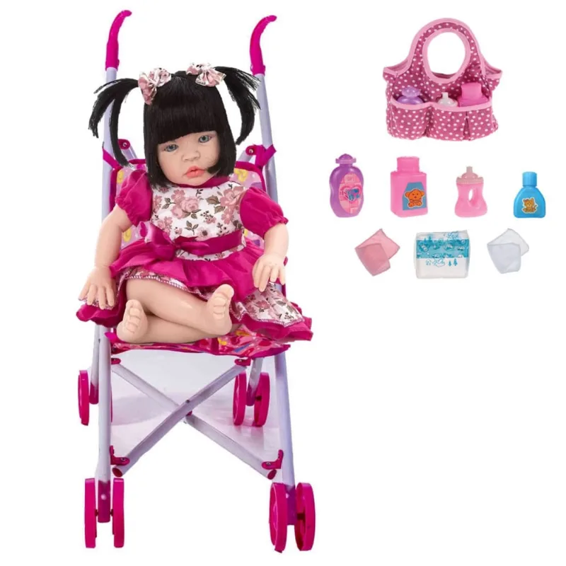 Boneca Bebê Realista Tipo Reborn c/ Carrinho + Bolsinha Bebê
