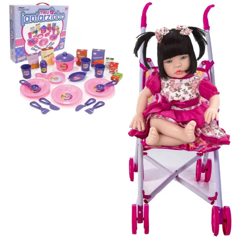 Boneca Bebê Realista Tipo Reborn c/ Carrinho + Jantarzinho