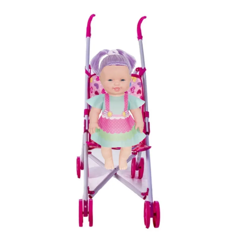 Boneca Bebê Colors Sapekinha Tuca + Carrinho Dobravel Rosa