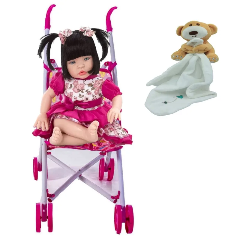 Boneca Bebê Realista Tipo Reborn c/ Carrinho + Naninha Bebê