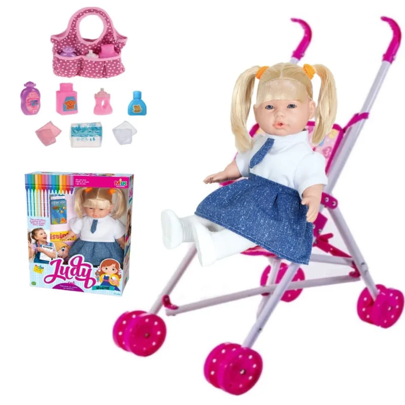 Boneca Bebê Judy Estudante Escolinha Com Carrinho + Bolsinha