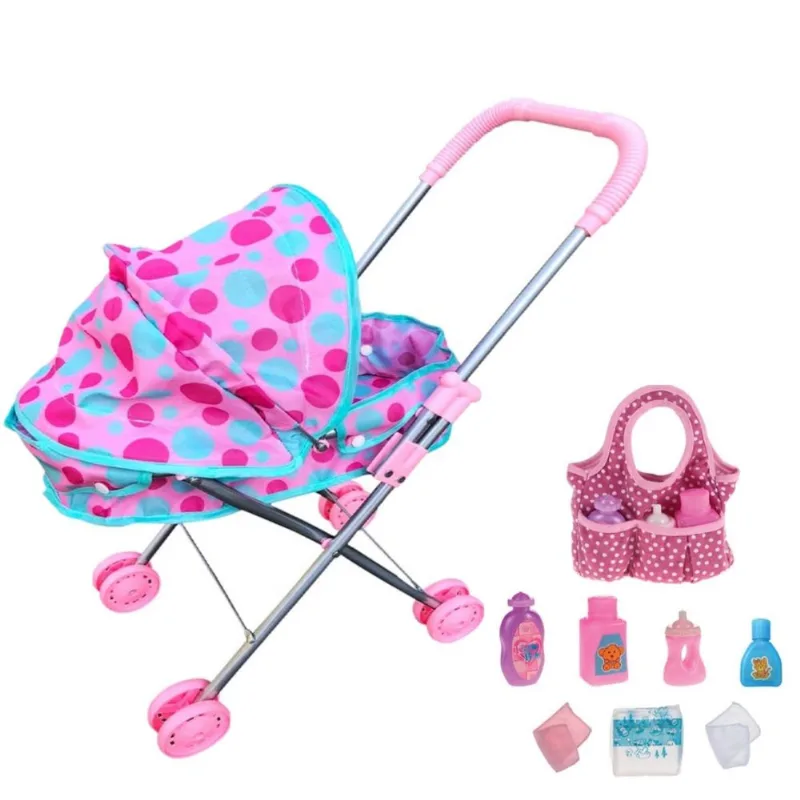 Kit Carrinho Boneca Bebê Reborn Rosa e Bolsinha Maternidade