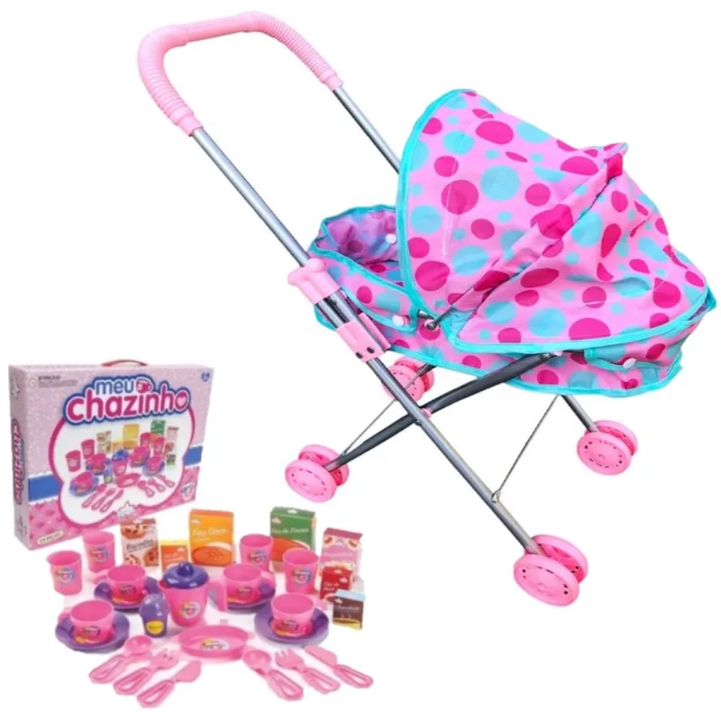 Kit Carrinho Boneca Bebê Reborn Rosa e Jogo Meu Chazinho
