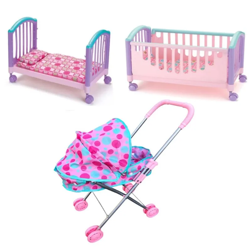 Kit Carrinho Boneca Bebê Reborn Rosa C/ Berço Caminha Baby