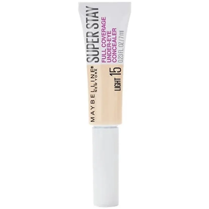 Maybelline New York Super Stay Cobertura Completa, Clareamento, Longa Duração, Sob Corretivo de Olho Maquiagem Líquida para até 24H Desgaste, com Aplicador de Remo, 15 Light, 0.23 Fl Oz