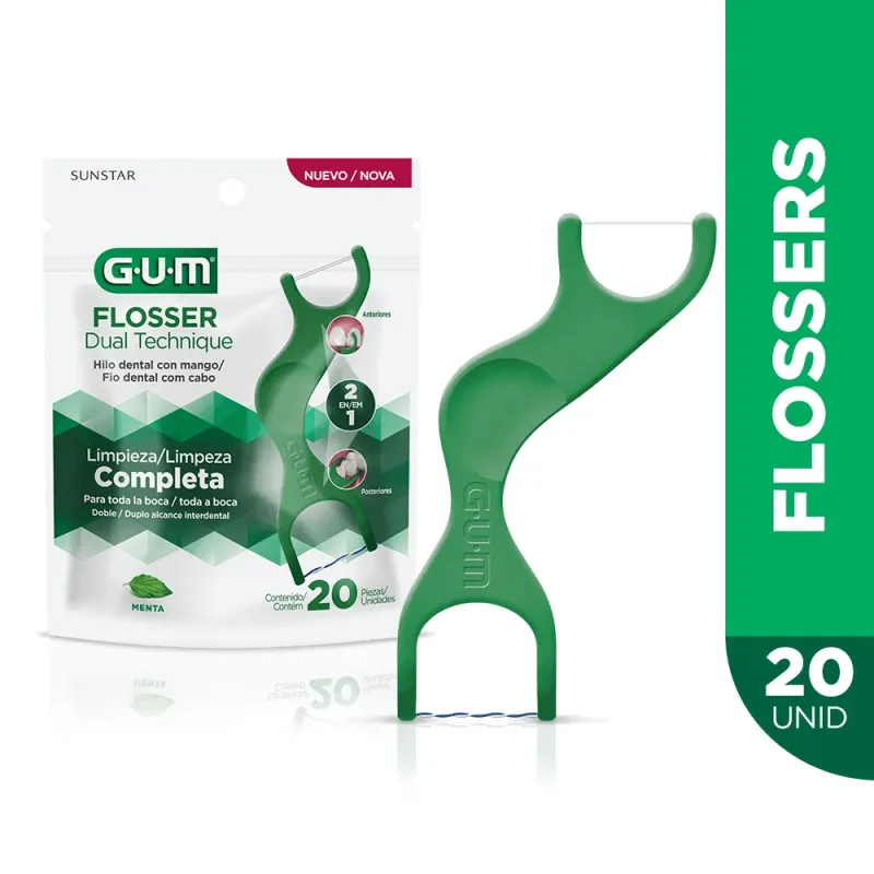 Fio Dental com Haste GUM Flosser Dual Technique Limpeza Completa Sabor Menta 20 Unidades - Gum