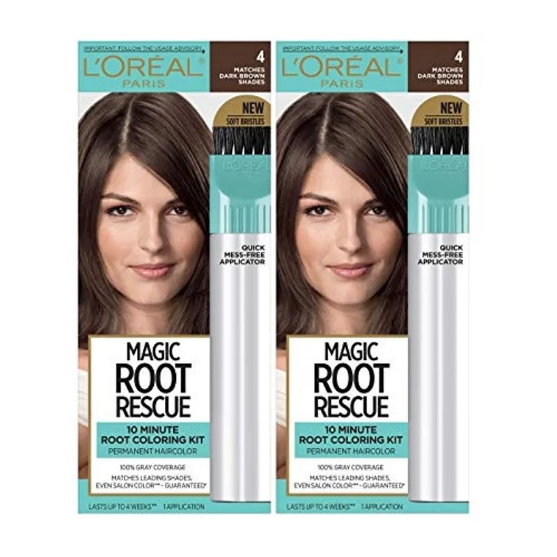 L'Oreal Paris Magic Root Rescue 10 Minutos Root Hair Coloring Kit, Cor permanente do cabelo com aplicador de precisão rápida, cobertura 100% cinza, 4 marrom escuro, 2 contagem