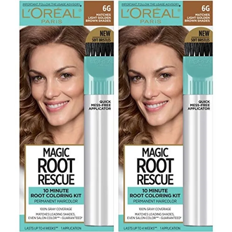 L'Oreal Paris Magic Root Rescue 10 Minutos Root Hair Coloring Kit, Cor permanente do cabelo com aplicador de precisão rápida, cobertura 100% cinza, 6G Marrom Dourado Claro, 2 contagem