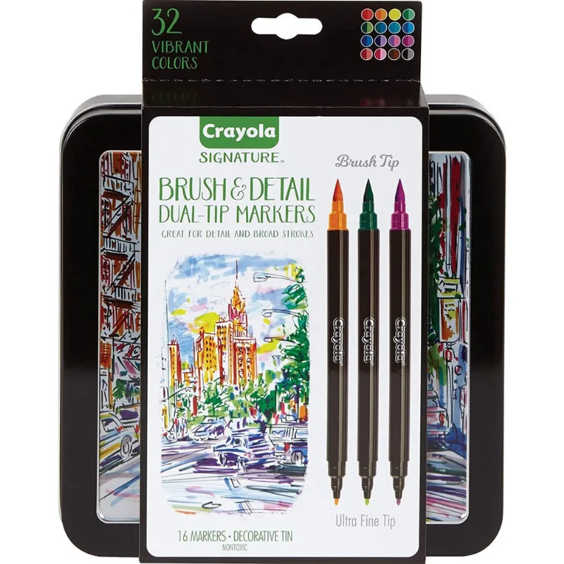 Crayola Brush & Detail Dual Tip Markers, Kids At Home Activities, 32 Cores, 16 Contagem