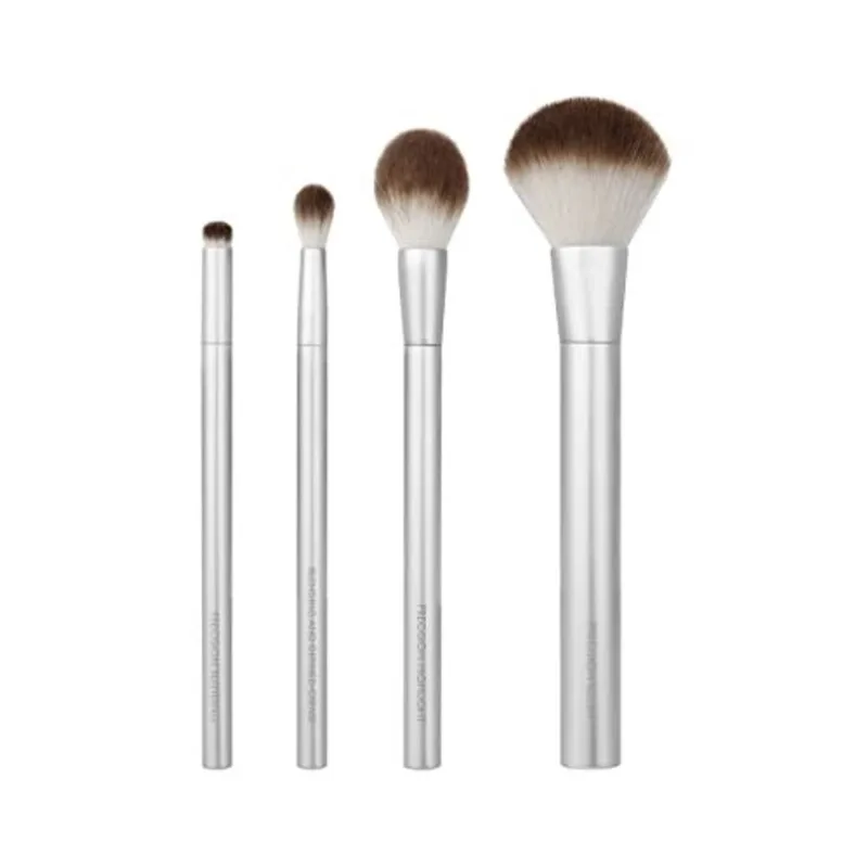 EcoTools Metais Preciosos Bochecha e Olho Destaque Conjunto de Pincéis de Maquiagem, Conjunto de Pincel de Rosto, Kit de Pincel de Maquiagem Ecofriendly, Alumínio Reciclado, Cromo, Precisão, Conjunto