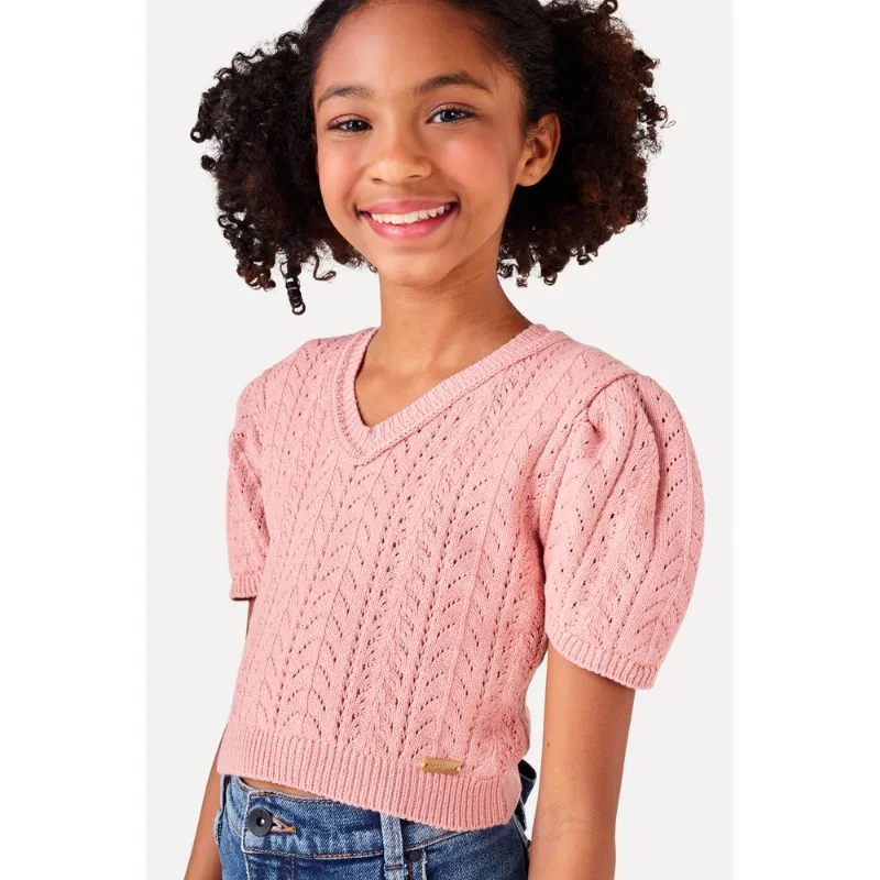 Cropped Menina Tricot Manga Bufante Rosa Lotus - 16