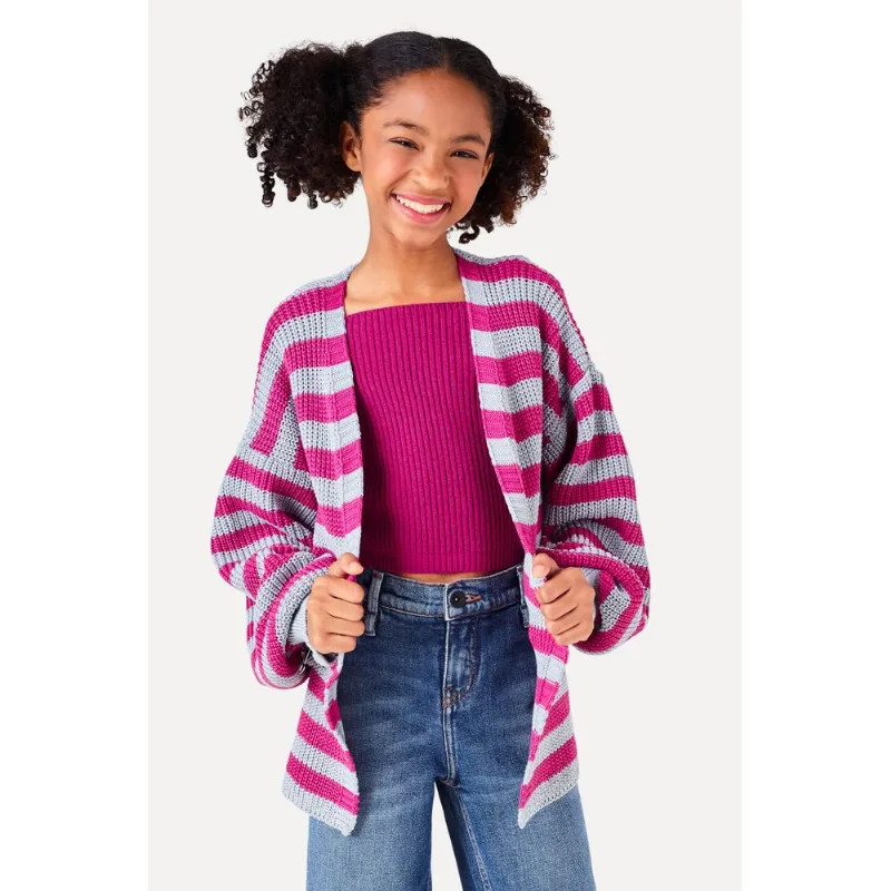 Cardigan Menina Tricot Comprido Listrado Rosa - 10