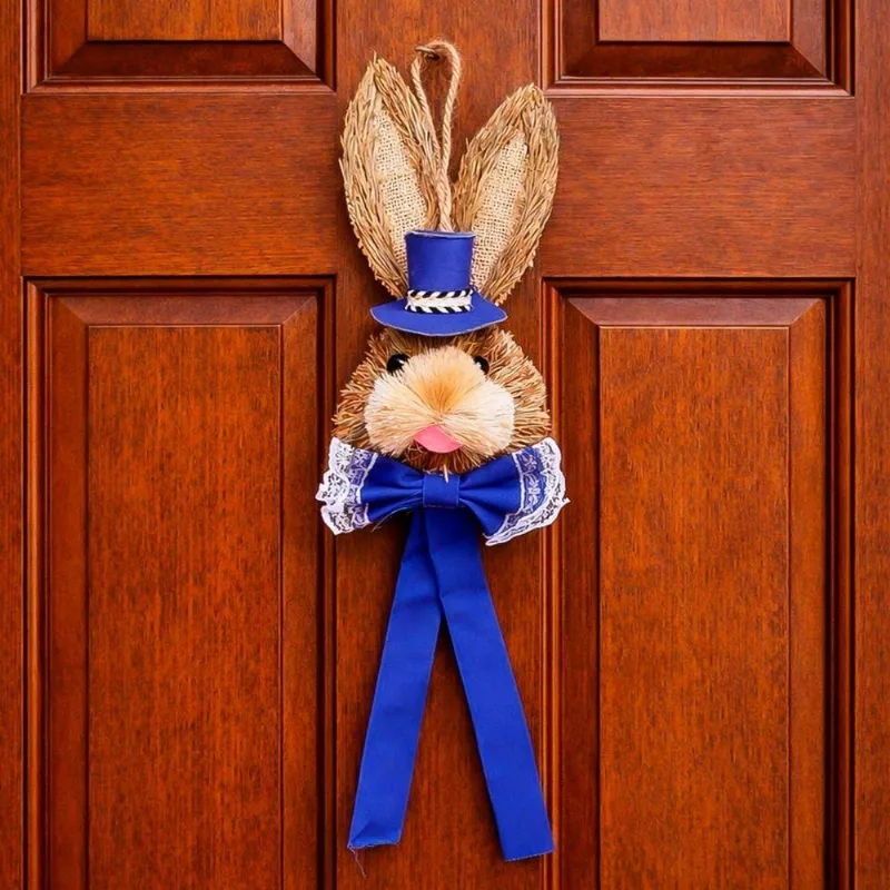 Pendente Cabeça Coelho Com Laço Decoração Páscoa Palha 40cm Azul