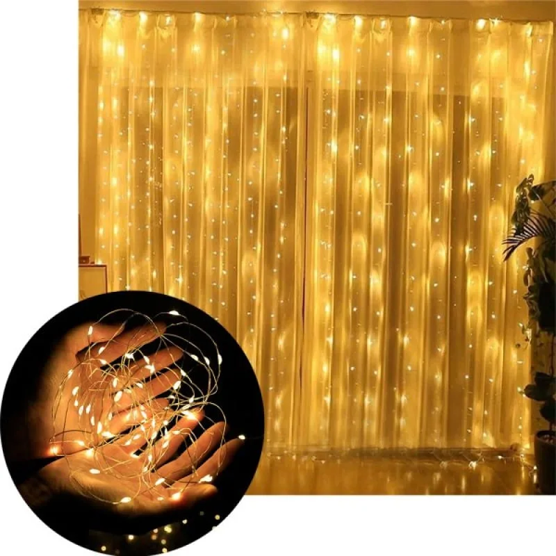 Pisca Cortina Natal 200 Lâmpadas LEDs Amarelo 3x2M 110-220v - Genérico