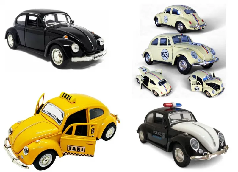 Kit 4 Super Miniatura Carrinho De Ferro Fusca 1957 Herbie Abre 3 Portas Pneus Borracha Colecionador