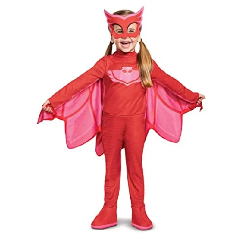 Disfarce pj Mascara fantasia owlette, Deluxe Kids Light Up Jumpsuit Outfit e Máscara de Personagem, Tamanho infantil grande (4-6x) Vermelho
