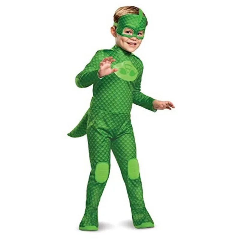 Disfarce pj Mascara Fantasia Gekko, Deluxe Kids Light Up Jumpsuit Outfit e Máscara de Personagem, Tamanho Infantil Médio (3T-4T) Verde