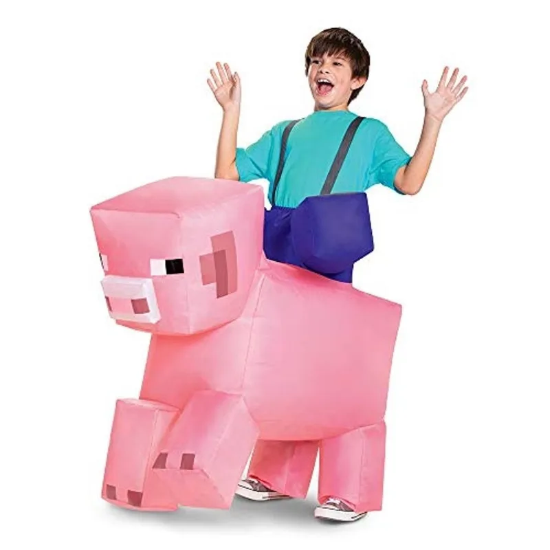 Passeio de porco em fantasia inflável minecraft, crianças inflando trajes com ventilador, até tamanho (7-8) Multicolorido