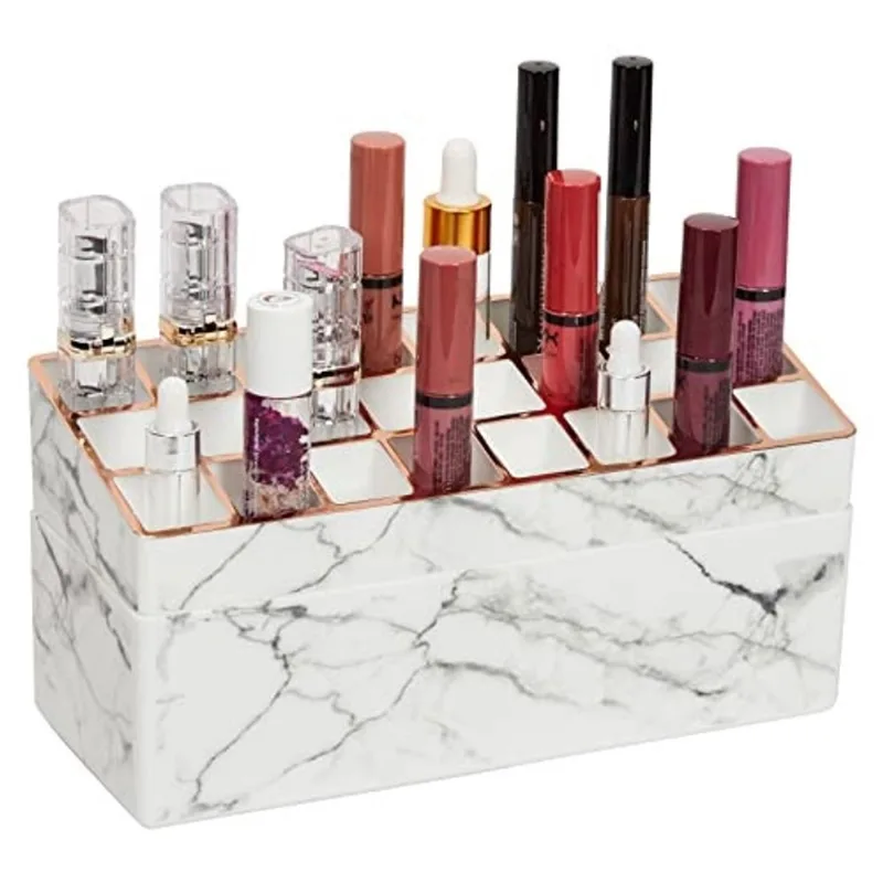 Organizador de Maquiagem em Mármore de 2 Camadas com Acabamento em Ouro, Vitrine de Batom, Pincéis e Armazenamento de Vaidade (9,15 x 4,5 x 3,75 pol. )
