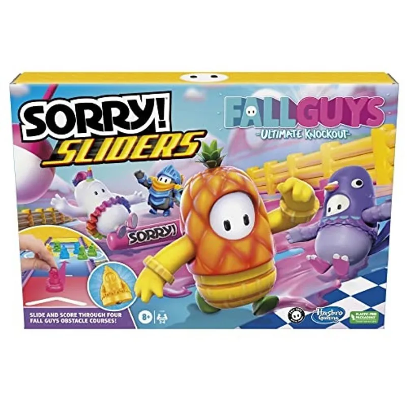 Desculpa! Sliders Fall Guys Ultimate Knockout Board Game para crianças de 8 anos ou mais, reviravolta emocionante no clássico jogo de tabuleiro da família Hasbro