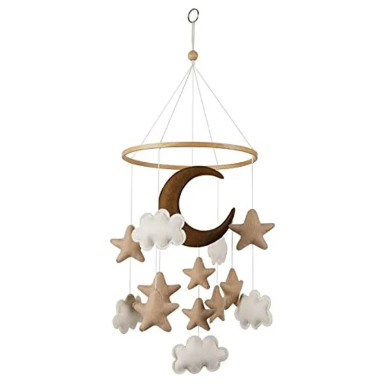 Baby Mobile for Crib - Modern Boho Baby Mobile - Berçário de Feltro Móvel Gênero Neutro - Estrelas Castanhas, Nuvens Brancas e Lua