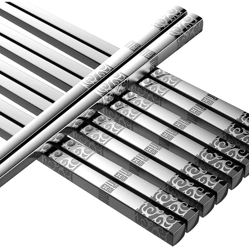 Chopsticks metálicos Reutilizáveis 5 Pares de pauzinhos de aço inoxidável Costeleira de pratos Safe Square Lightweight Antiderrapante Chop Sticks Gift Set (Prata)