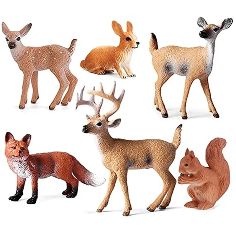 6 PCes Modelos Animais Florestais Simulados Figura Playset de Brinquedo, Criaturas da Floresta Estatuetas Brinquedos em Miniatura Incluem Veado, Raposa, Coelho, Tesouros de Esquilo Ciência Adereços Ed