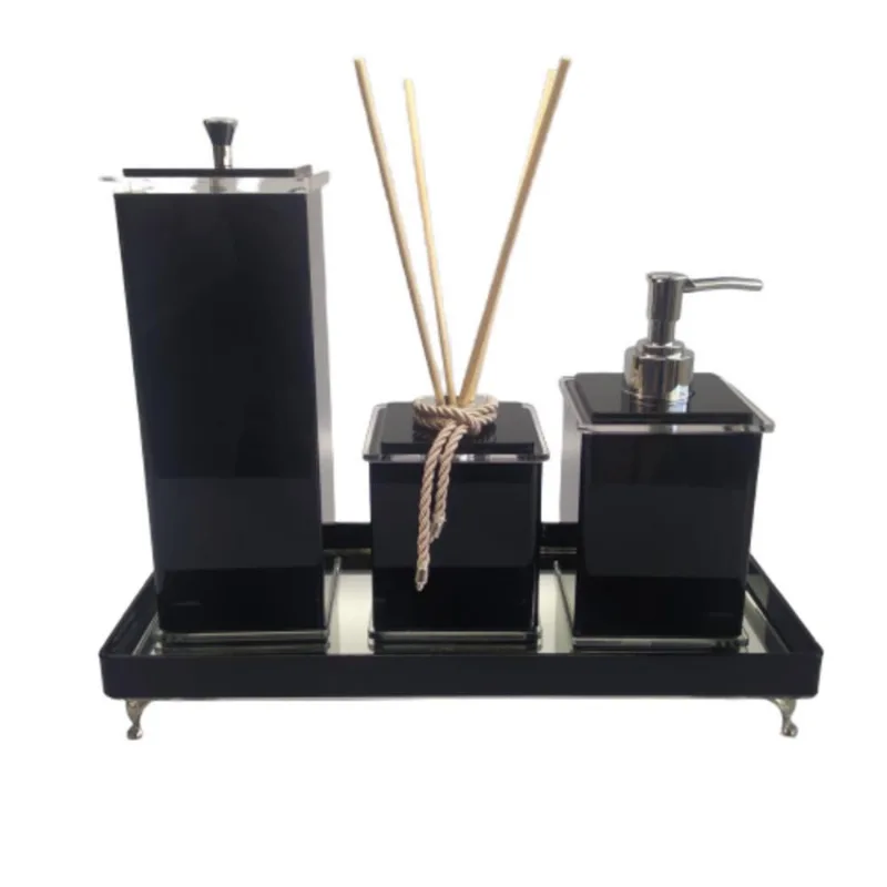 Kit Para Banheiro Em Acrílico Quadrado Preto Brilho - 4 Peças