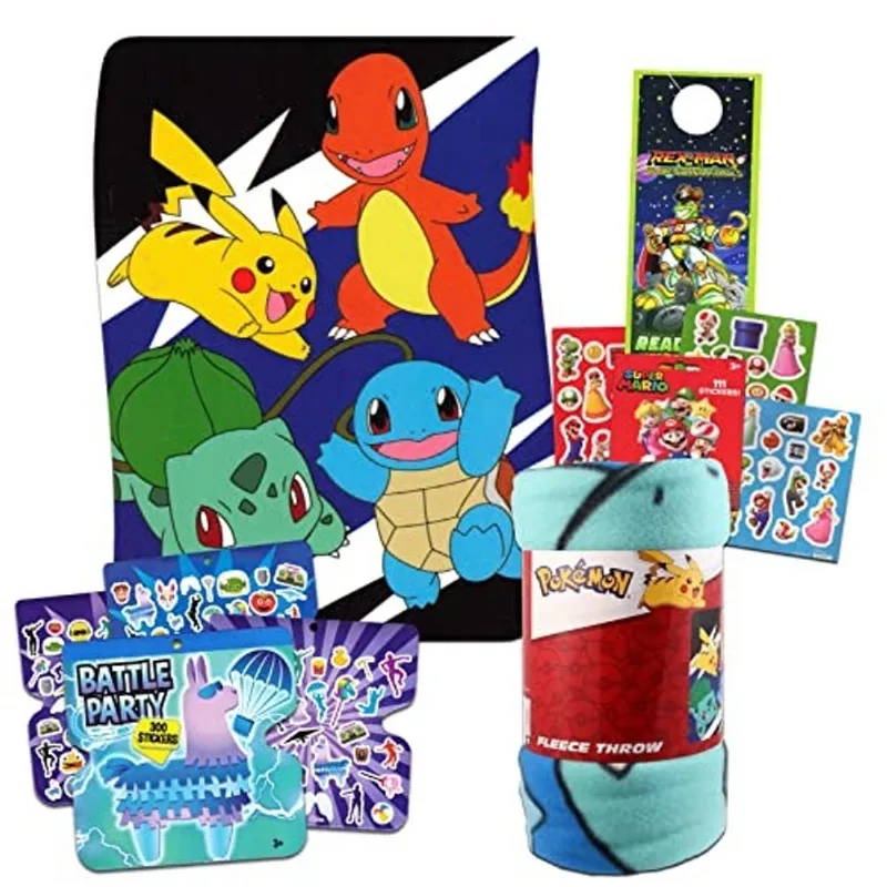 Poke Nintendo Pokemon Fleece Throw Blanket Bundle - Pokemon Kids Throw Blanket for Boys & Girls, Inclui Super Mario e Fortnite Battle Party Stickers e muito mais! (Tamanho 45 * 60inch)