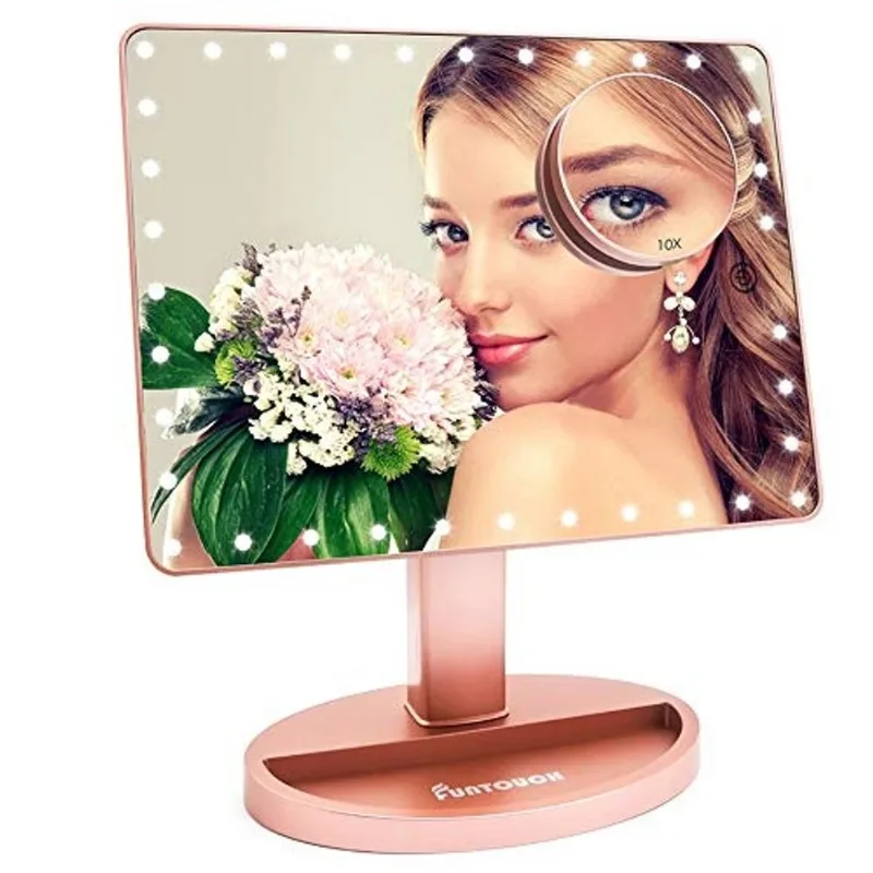 Espelho de maquiagem de vaidade grande (modelo X-grande), funtouch iluminar espelho com 35 luzes led, tela sensível ao toque e espelho de ampliação 10X, espelho cosmético de mesa de rotação de 360° (R