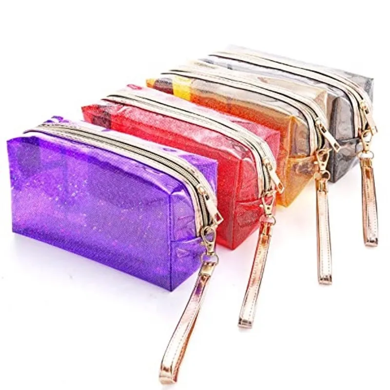 4Pcs impermeável sacos cosméticos pvc transparente zippered saco de higiene com alça alça portátil claro saco de maquiagem bolsa para banheiro, férias e organização (preto + vermelho + roxo + amarelo)