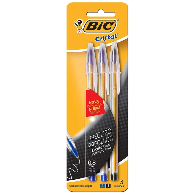 Canetas Esferográficas - Cristal Fina - 3 Unidades - Azul e Preta - BIC - Bic