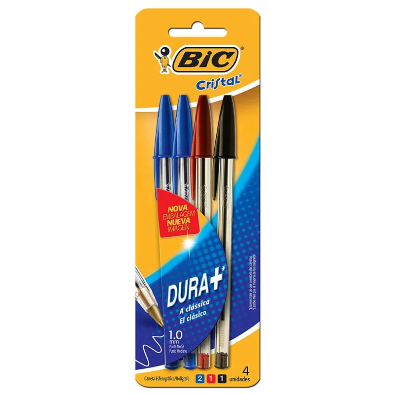 Canetas Esferográficas - Cristal Clássica - 4 Unidades - Azul - Preta e Vermelha - BIC - Bic