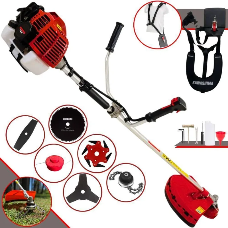Roçadeira Profissional Lateral Kawashima Kw52l À Gasolina 52c 2,5hp + Faca 2 Pontas 330mm + Faca 80 Dentes 255mm + Trim