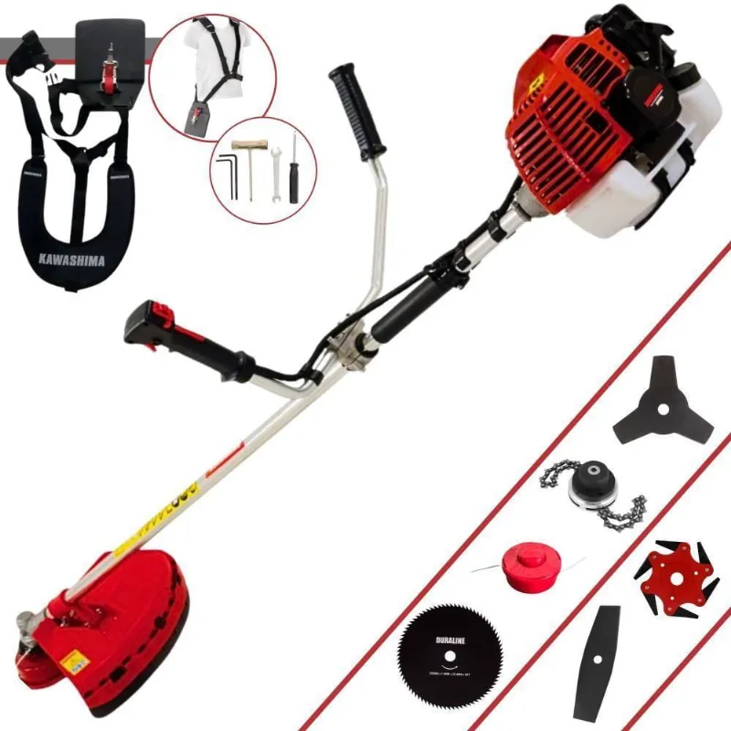 Roçadeira Profissional Lateral Kawashima Kw52l À Gasolina 52c 2,5hp + Faca 2 Pontas 330mm + Faca 80 Dentes 255mm + Trim